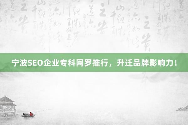 宁波SEO企业专科网罗推行，升迁品牌影响力！